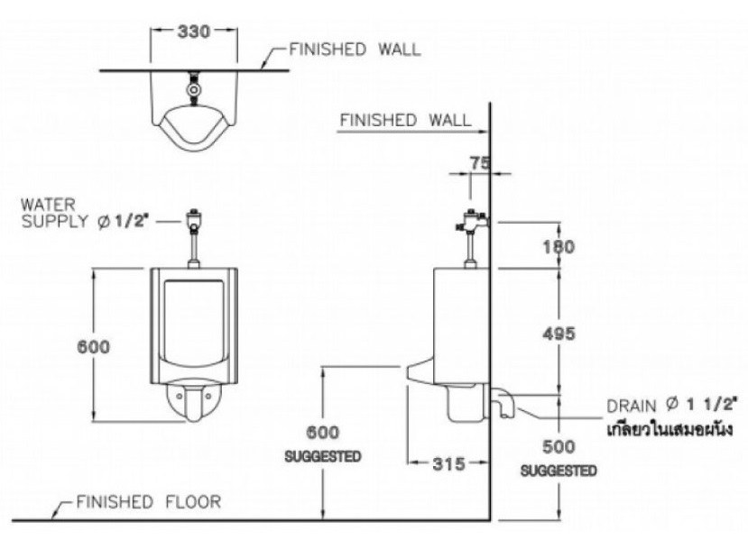 Bản vẽ kỹ thuật bồn tiểu nam Cotto C313