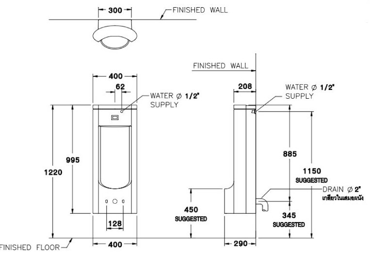 Bản vẽ kích thước bồn tiểu nam Cotto C31507DC