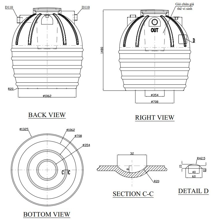 Bản vẽ kích thước bồn tự hoại 1500 lít đứng Sơn Hà