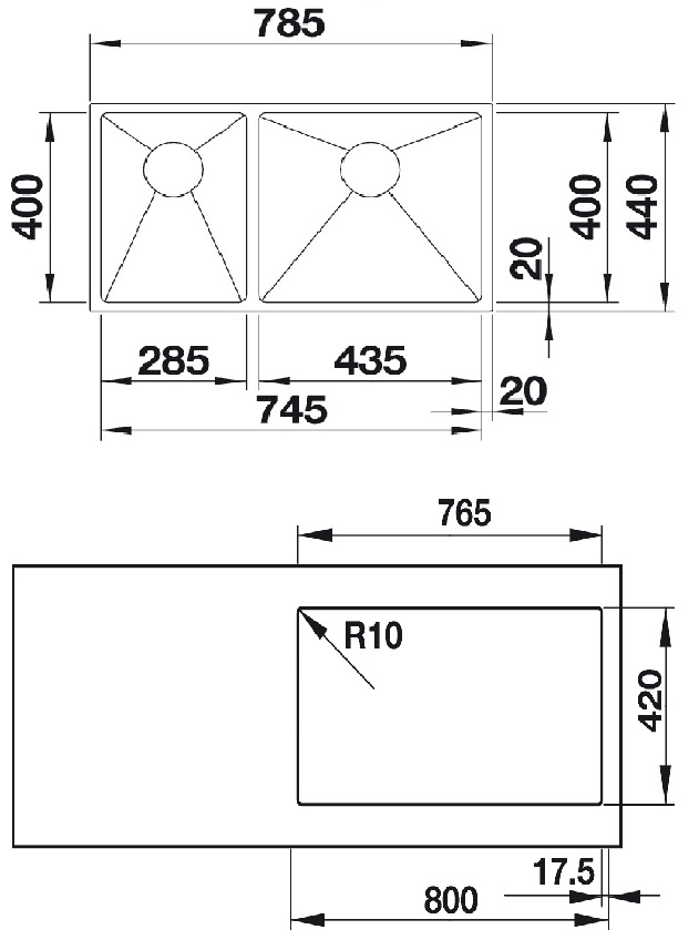 Bản vẽ chậu bếp inox 2 hộc QUATRUS R15 285/435-IU Blanco