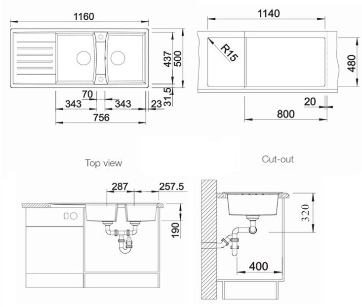 Bản vẽ kích thước chậu đá Blanco Lexa 8S Rock Grey rửa bát