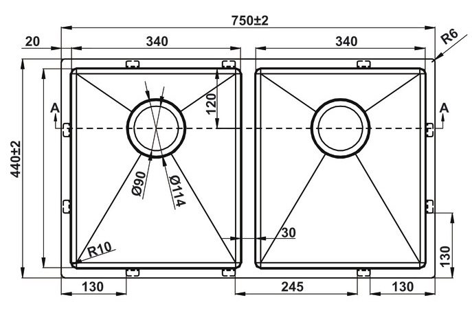 Bản vẽ chậu inox Hafele 567.23.040 HS19 SSN2S90L 2 hộc