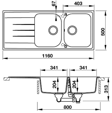 Bản vẽ chậu đá HS GDD11650 Hafele 2 hộc có cánh