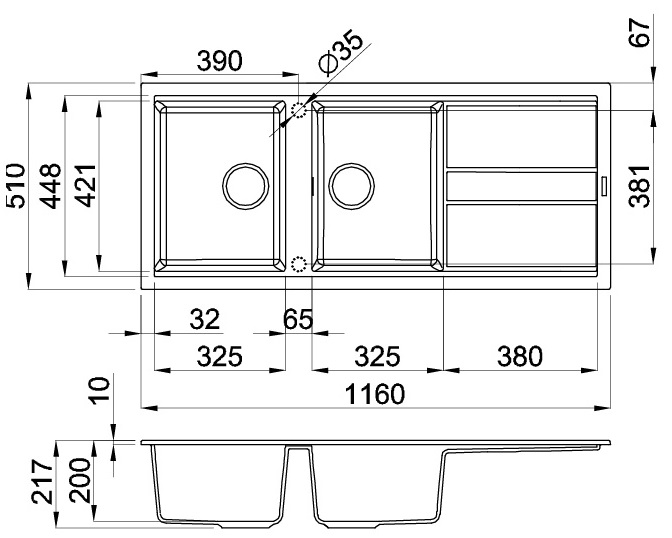 Bản vẽ kỹ thuật chậu đá Malloca BIANCO G-50062 rửa chén bát :