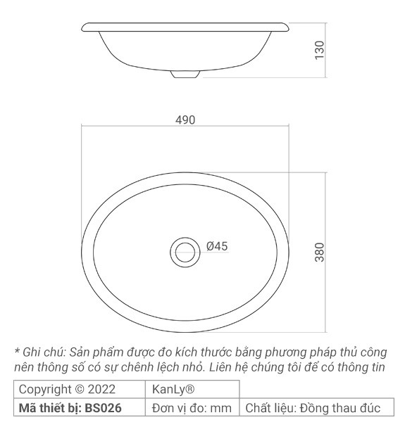 Bản vẽ kích thước lavabo đồng Kanly BS 026