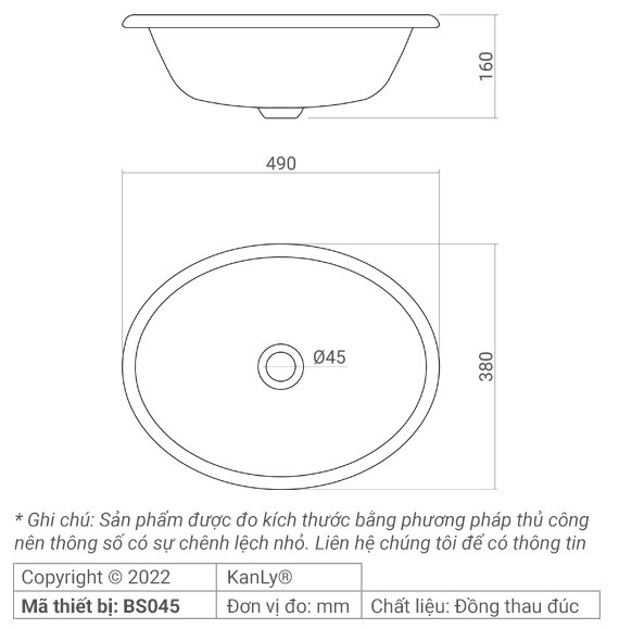 Bản vẽ kích thước chậu rửa mặt Kanly BS 045