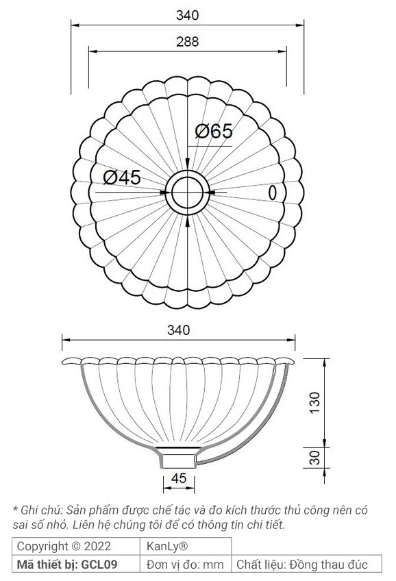 Bản vẽ kích thước lavabo đồng Kanly GCL09