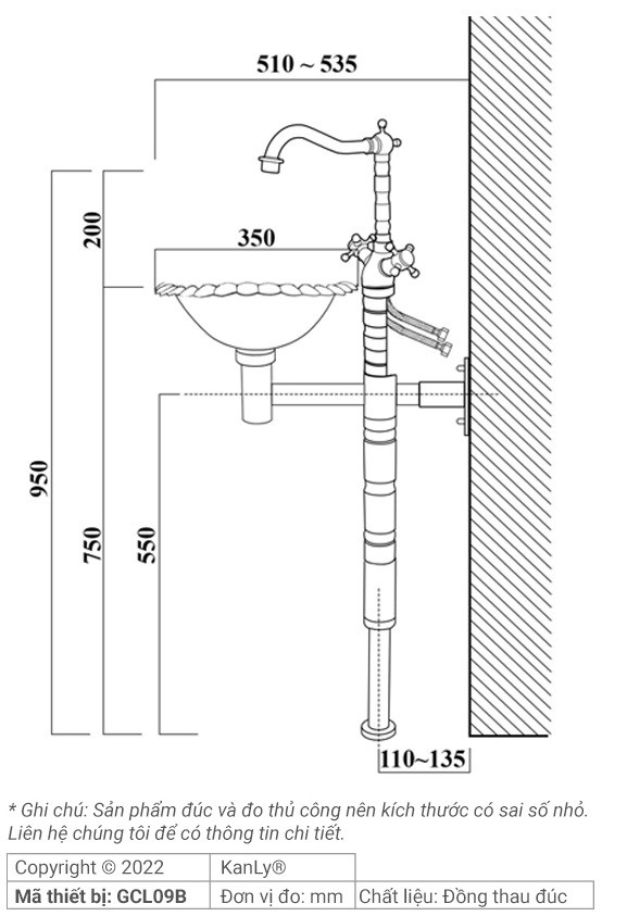 Bản vẽ kích thước bộ lavabo treo tường Kanly GCL09B bằng đồng