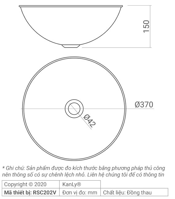 Bản vẽ kích thước lavabo đồng Kanly RSC 202V