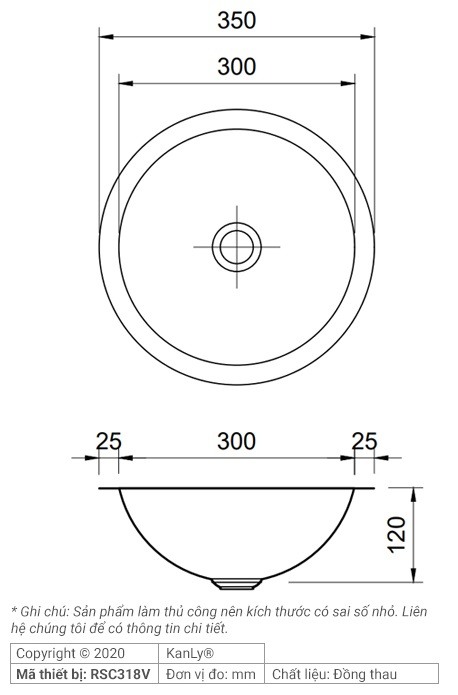 Bản vẽ kích thước chậu rửa mặt Kanly RSC318V