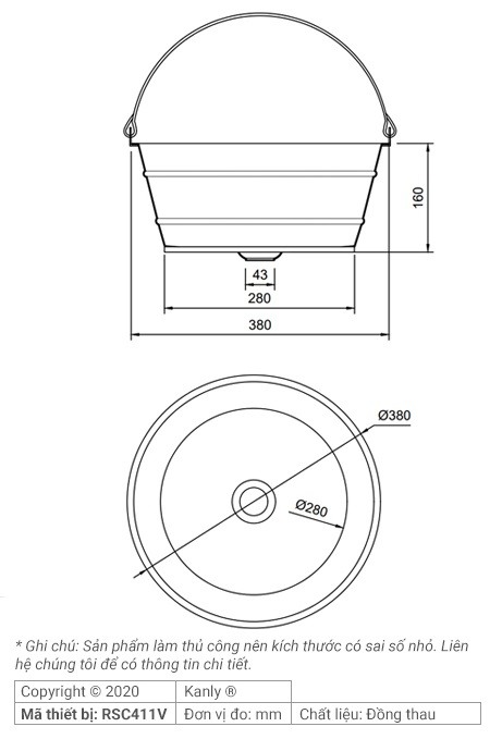 Bản vẽ kích thước lavabo đồng Kanly RSC 411V