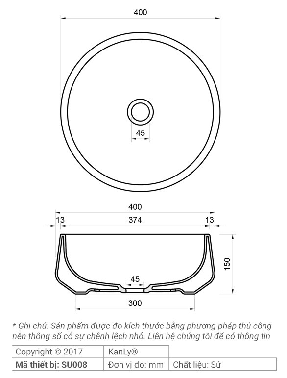 Bản vẽ kích thước chậu rửa mặt Kanly SU008 sứ in mỹ thuật