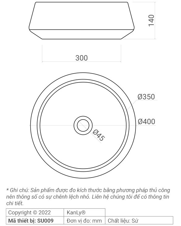 Bản vẽ kích thước chậu rửa mặt Kanly SU009 sứ in mỹ thuật