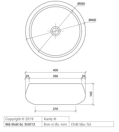 Bản vẽ kích thước chậu rửa mặt Kanly SU012 sứ in mỹ thuật