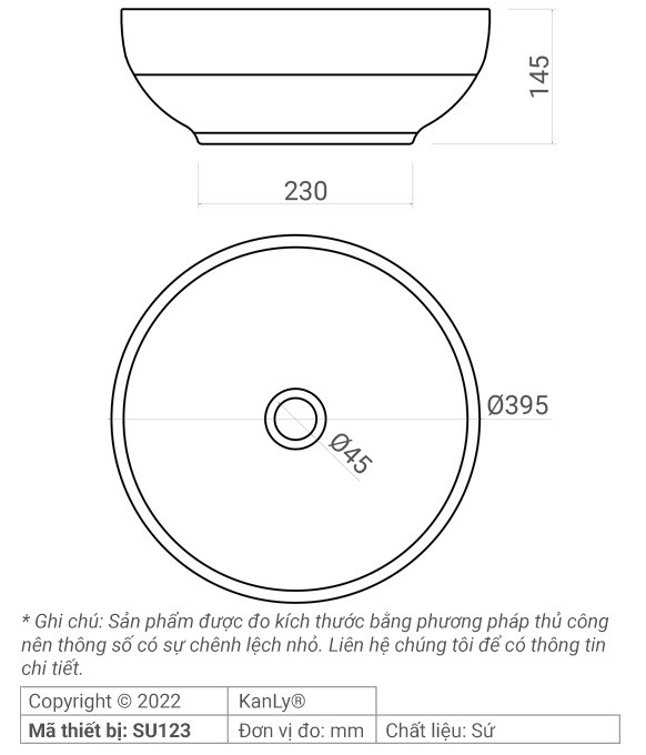 Bản vẽ kích thước chậu rửa mặt Kanly SU122 sứ in mỹ thuật