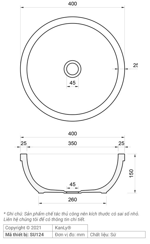 Bản vẽ kích thước chậu rửa mặt Kanly SU124 sứ in mỹ thuật