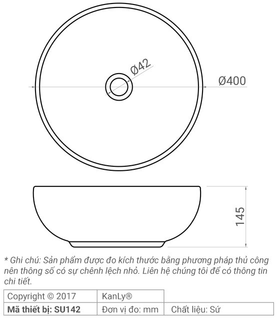 Bản vẽ kích thước chậu rửa mặt Kanly SU142 sứ in mỹ thuật
