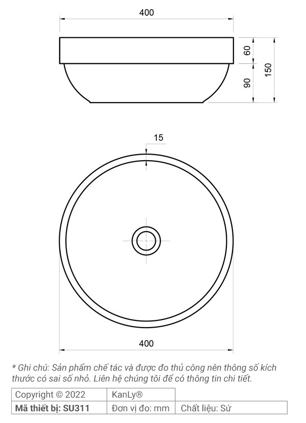 Bản vẽ kích thước chậu rửa mặt Kanly SU311 sứ in mỹ thuật