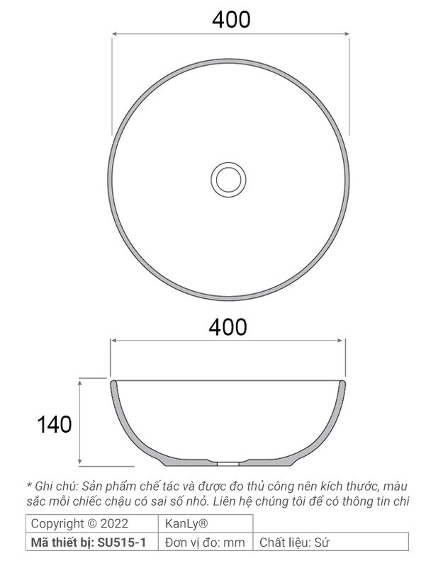 Bản vẽ kích thước chậu lavabo SU 515 tròn màu xanh dương