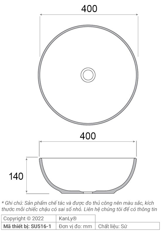 Bản vẽ kích thước chậu lavabo SU 516 tròn màu xanh ngọc