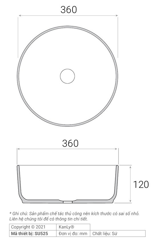 Bản vẽ kích thước chậu lavabo SU 525 tròn màu xanh da trời