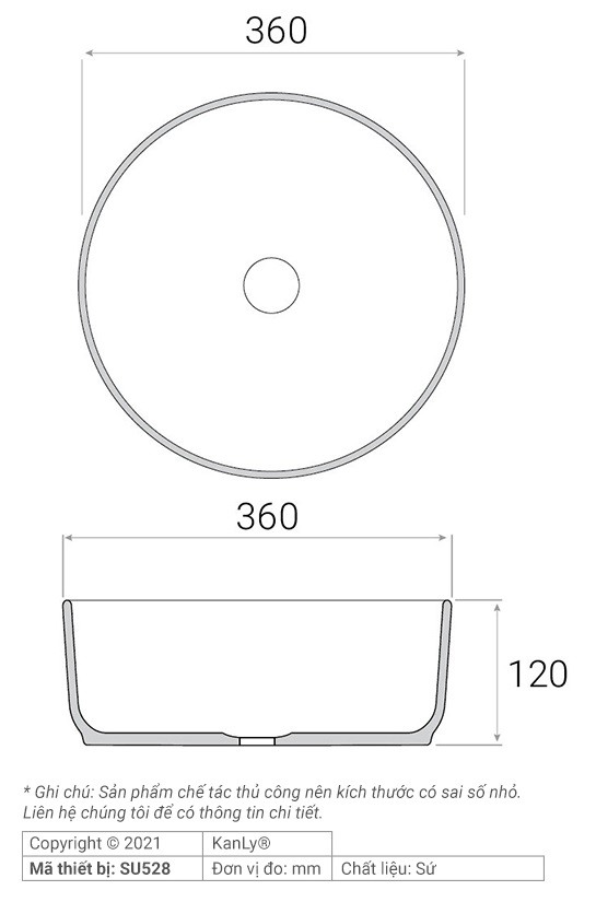 Bản vẽ kích thước chậu lavabo SU 528 tròn màu đỏ