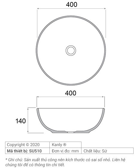 Bản vẽ kích thước chậu lavabo SU 510 tròn màu hồng