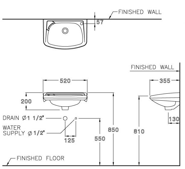 Bản vẽ kỹ thuật chậu lavabo treo tường Cotto C 002 