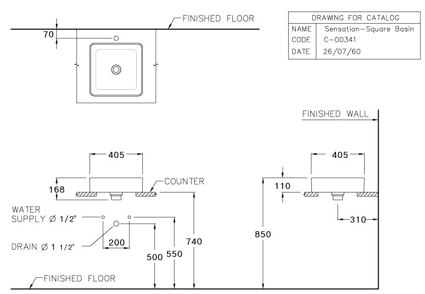 Bản vẽ kỹ thuật chậu lavabo đặt bàn C00341 MIR Cotto vuông