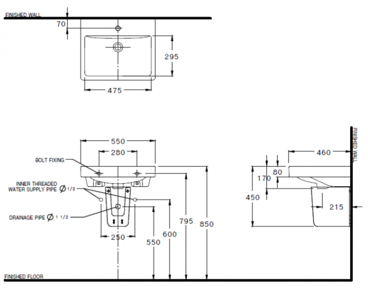 Bản vẽ kỹ thuật Chậu lavabo treo tường Cotto C0156/C420