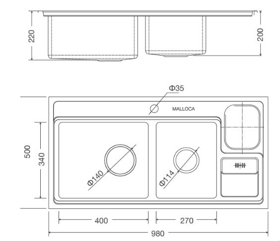 Bản vẽ kích thước chậu inox 304 Malloca MS8804N rửa chén bát
