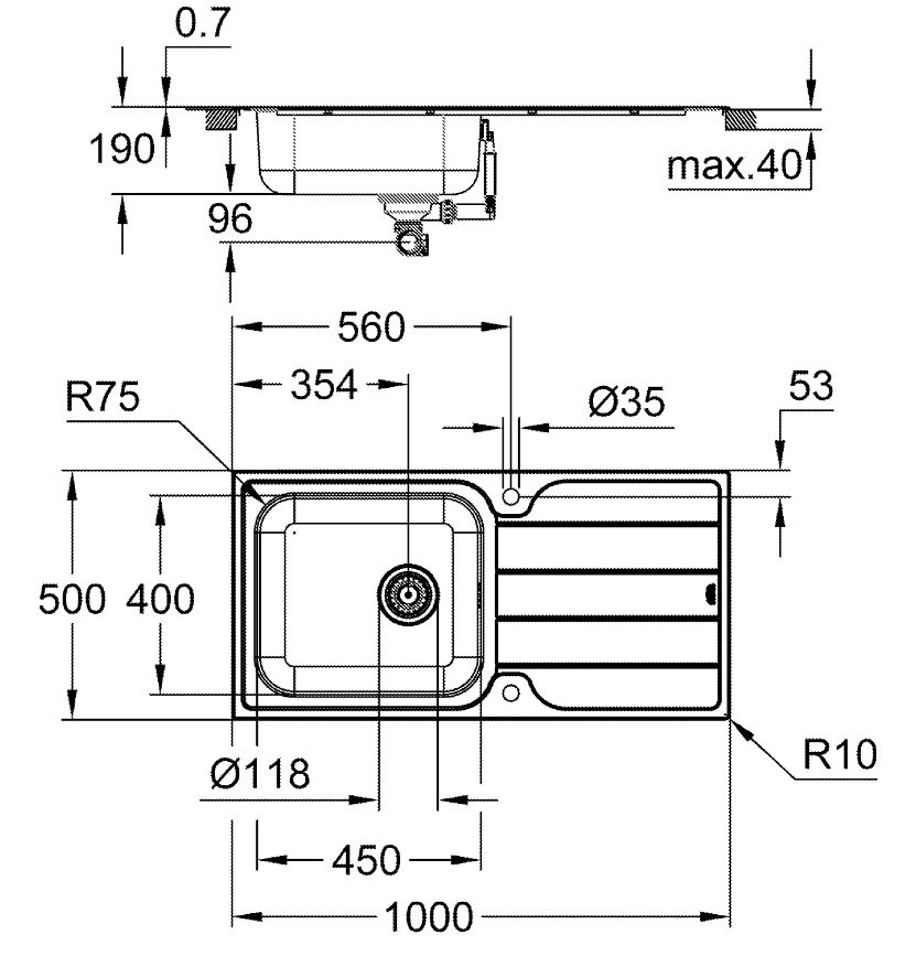 Bản vẽ kích thước chậu rửa bát K500 31563SD1 Grohe