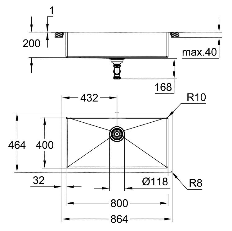 Bản vẽ kích thước chậu rửa bát K700 Grohe 1 hộc