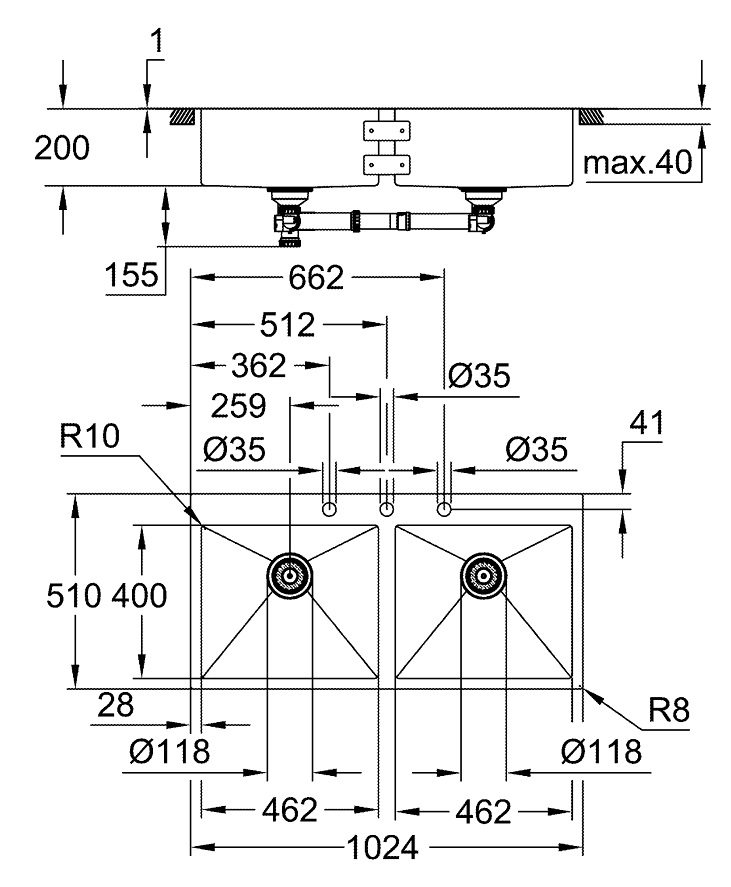 Bản vẽ kích thước chậu rửa bát K800 Grohe 2 hộc