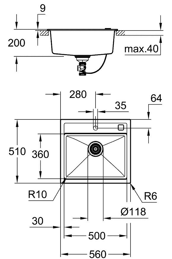 Bản vẽ chậu rửa bát Grohe 31651AP0 K700-60 Composite 