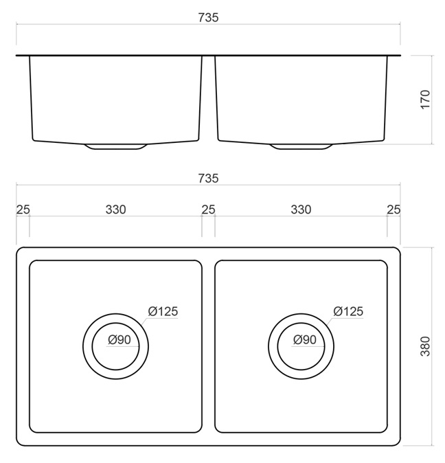 Bản vẽ kích thước chậu bếp đồng Kanly BCS 257 735x380mm