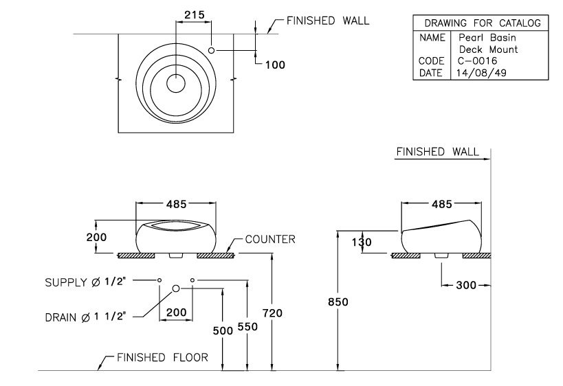 Bản vẽ kích thước chậu lavabo đặt bàn Cotto C 00167