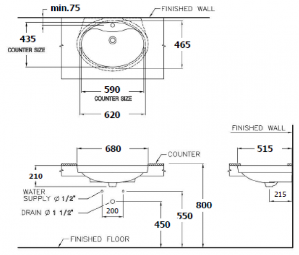 Bản vẽ kỹ thuật lavabo âm bàn dương vành Cotto C 016