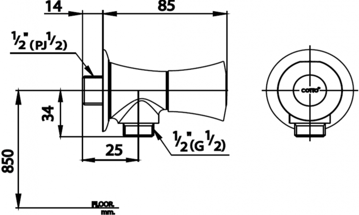 Bản vẽ kích thước vòi sen lạnh COTTO ct 1092 c26