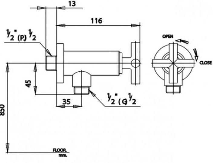 Bản vẽ kích thước vòi sen lạnh cotto ct 127 c16 