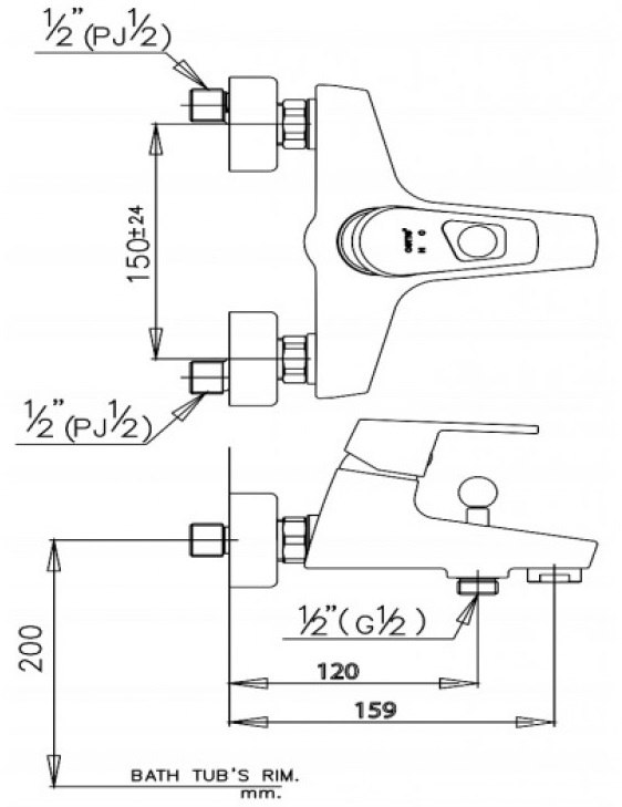 Bản vẽ kích thước củ sen tắm nóng lạnh cotto CT 2018A