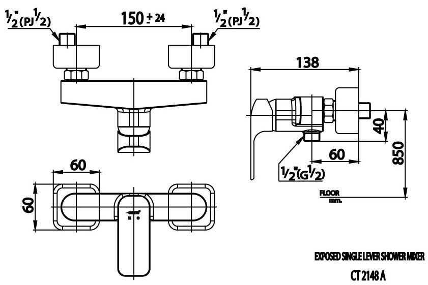 Bản vẽ kích thước củ sen tắm nóng lạnh cotto ct 2148 agr