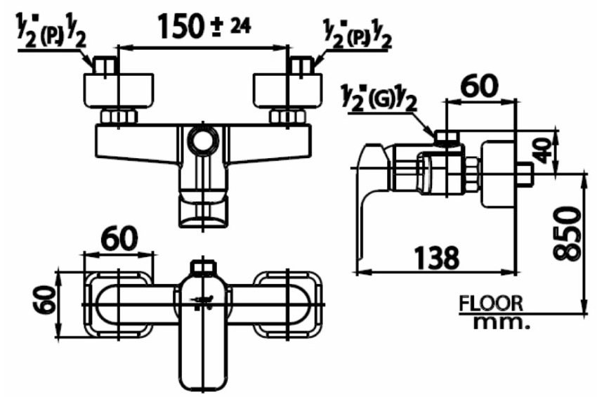 Bản vẽ kích thước củ sen tắm nóng lạnh cotto ct 2149 a 