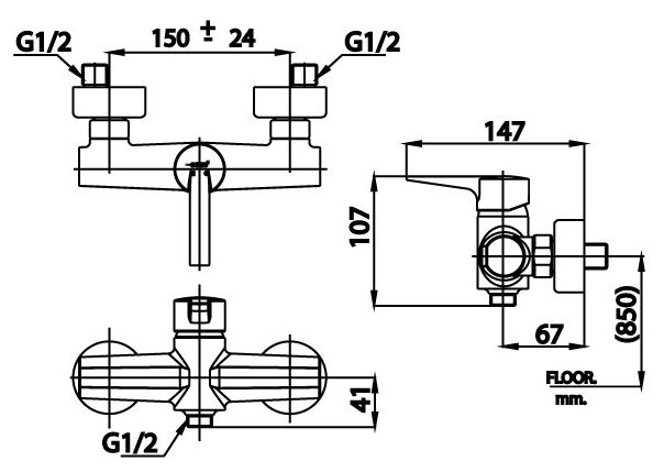 Bản vẽ kích thước củ sen tắm nóng lạnh COTTO ct 2264 a