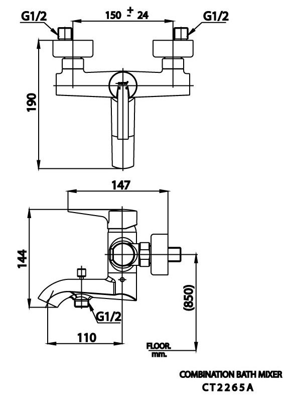 Bản vẽ kích thước củ sen nóng lạnh cotto ct 2265a  