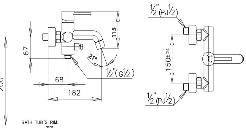 Bản vẽ kích thước củ sen Cotto CT 334 A nóng lạnh 