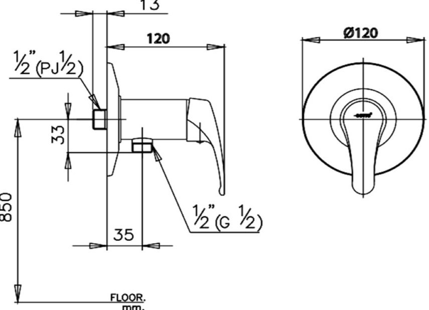 Bản vẽ kích thước củ sen tắm lạnh cotto ct 372a hm