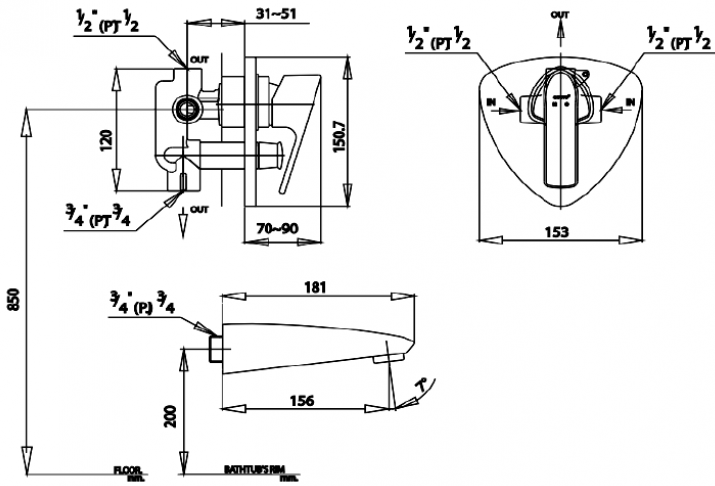 Bản vẽ kích thước củ sen tắm CT 525 A COTTO
