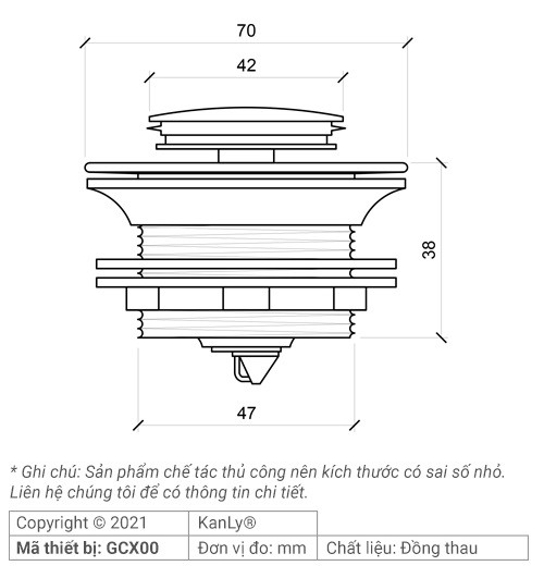 Bản vẽ kỹ thuật đầu xả bồn tắm Kanly GCX00