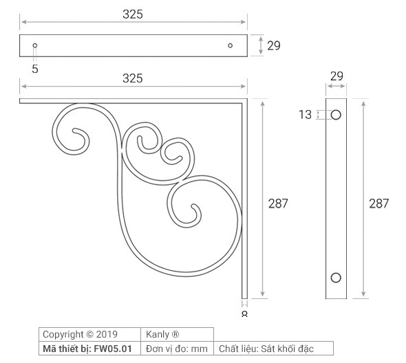 Bản vẽ giá đỡ eke chậu lavabo mỹ thuật Kanly FW05.01 treo tường